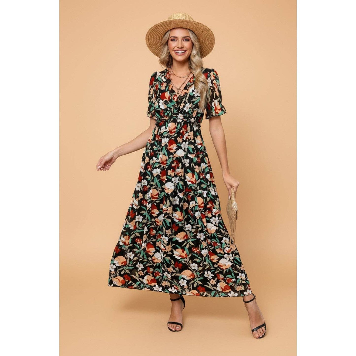 PRETTY BASH Floral Frilled V-Neck Maxi Dress
