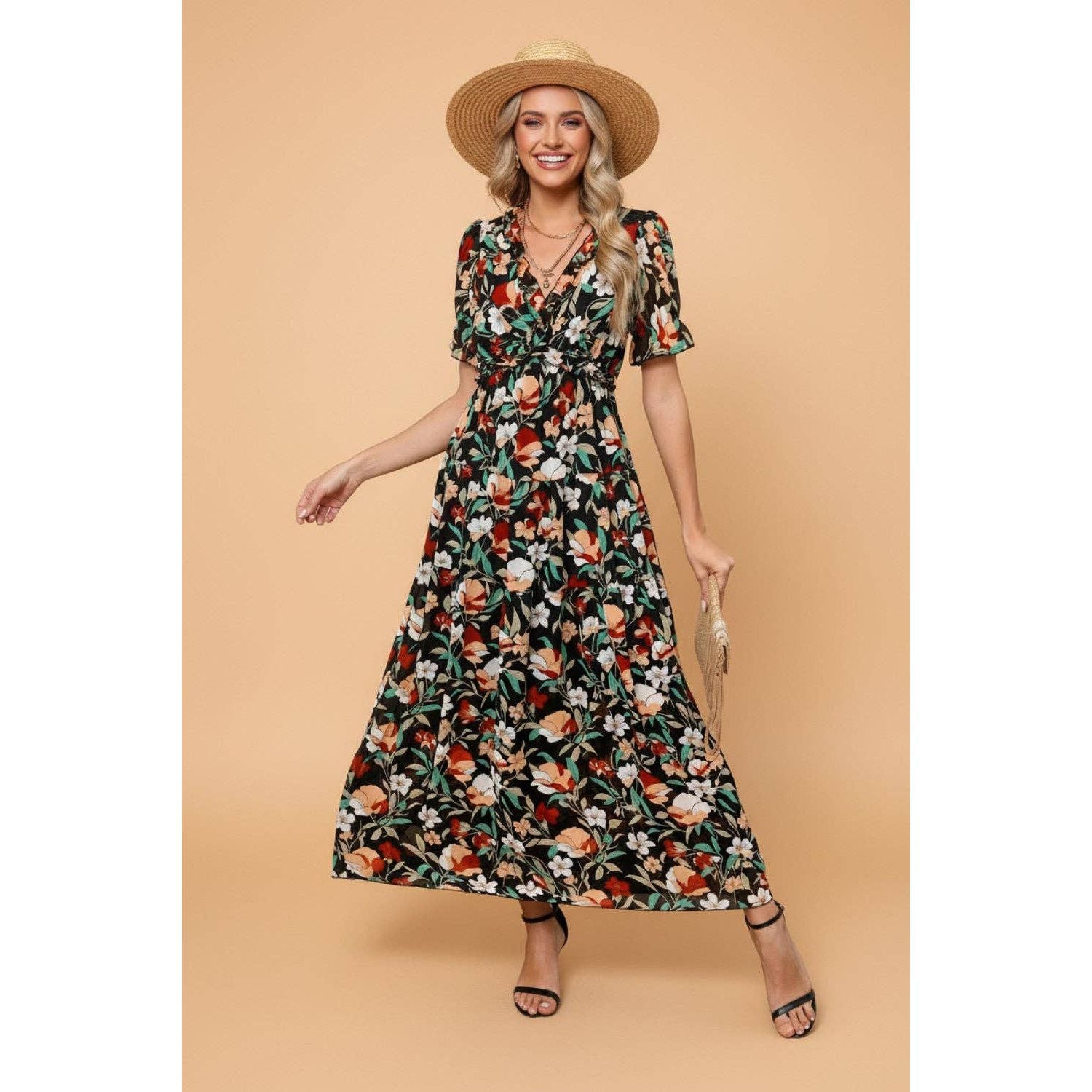 PRETTY BASH Floral Frilled V-Neck Maxi Dress