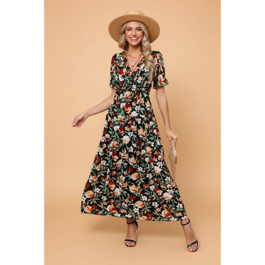 PRETTY BASH Floral Frilled V-Neck Maxi Dress
