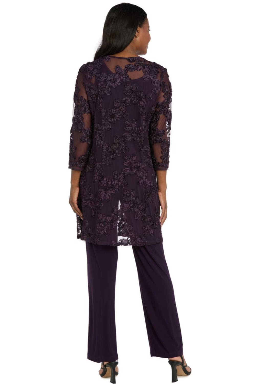 R&M Richards Sequin Floral 3-Piece Duster Pantsuit