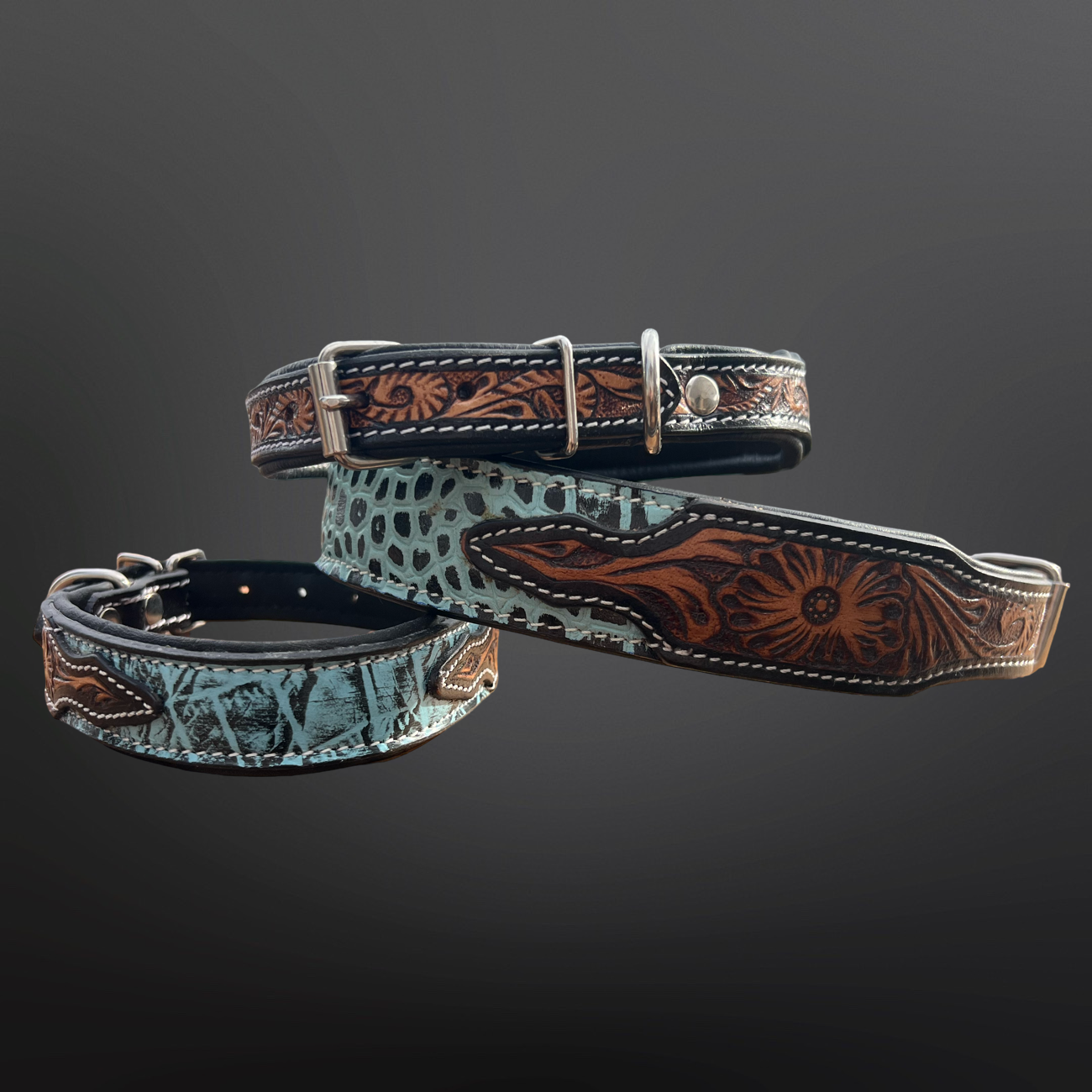 Western Dog Collar Tooled Leather Turquoise Embossed Leather