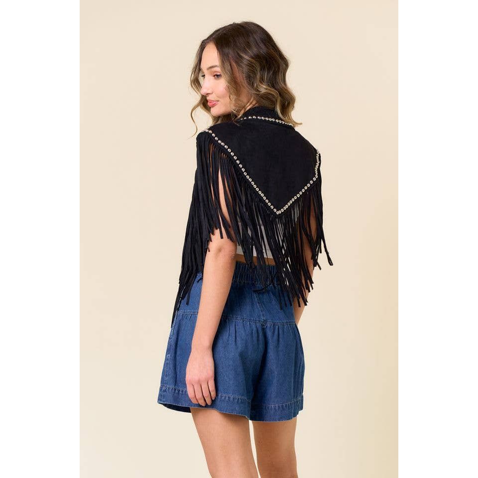 SIJ5338A BLACK STUDDED FRINGE SHRUG