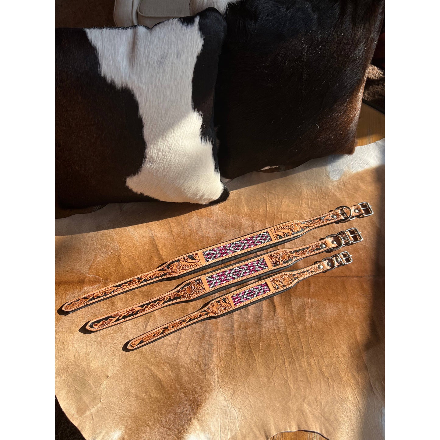 Western Equestrian Tooled Pink Leather Beaded Dog Collar