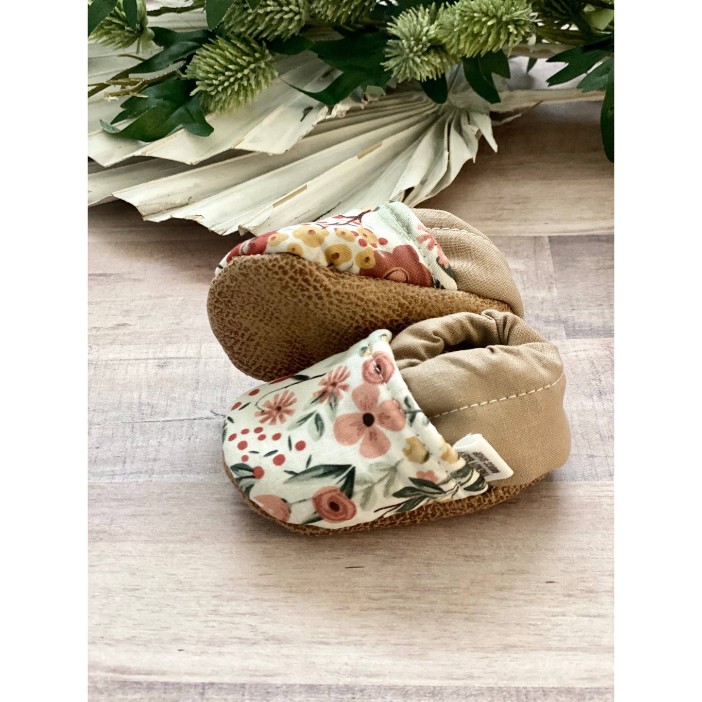 Trendy Baby Mocc Shop- Baby Shoes, White Spring Floral with Tan