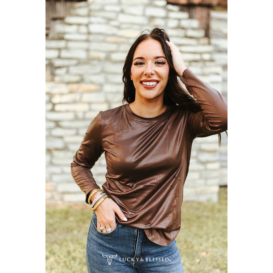 Brown Faux Leather Long Sleeve Round Neck Top