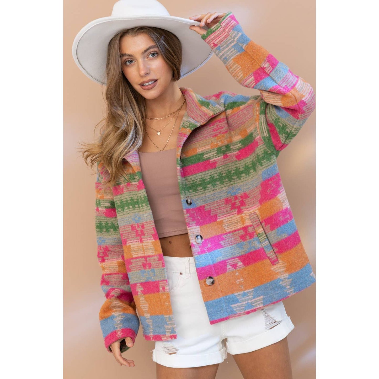 32296J - Aztec Pattern Button Up High Collar Jacket