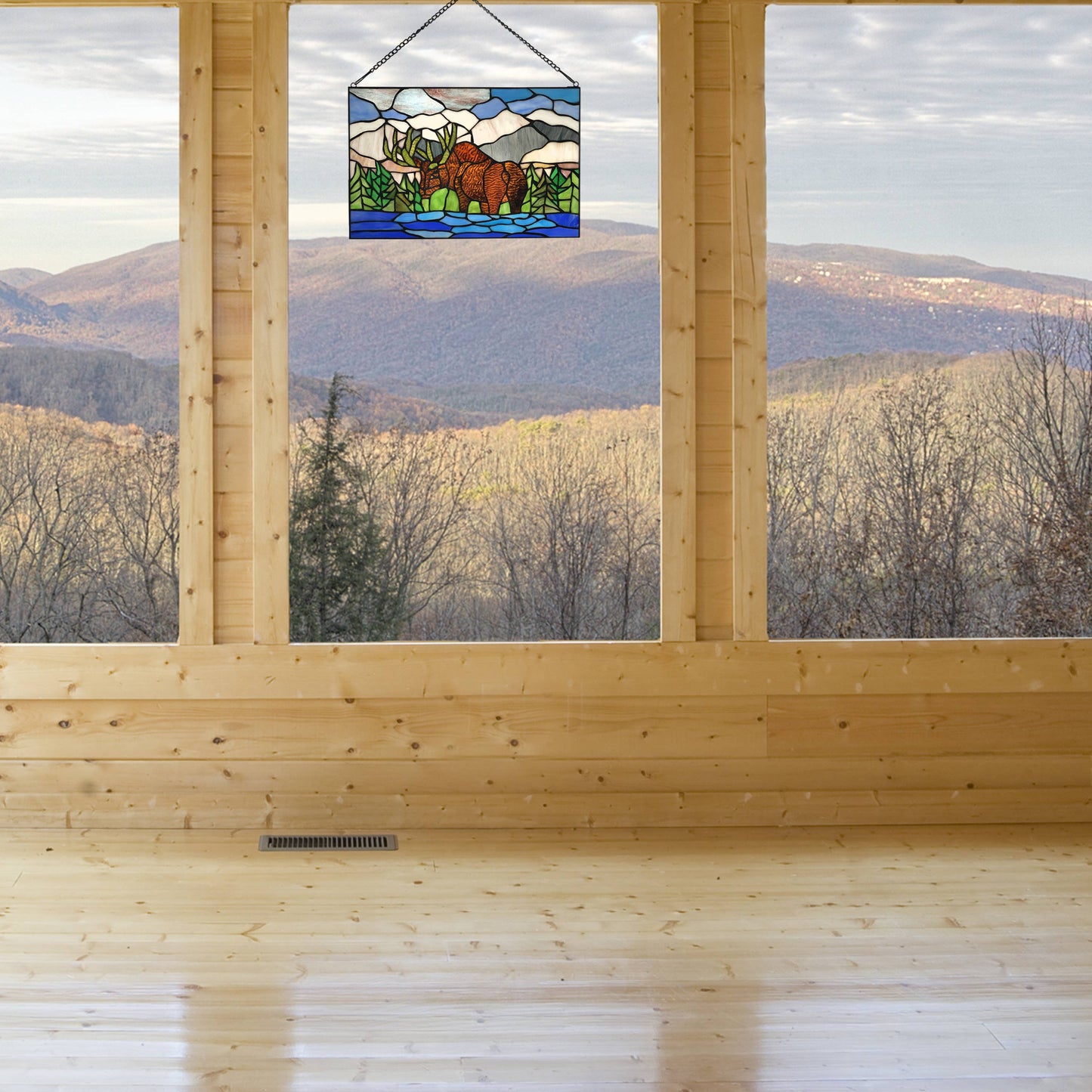 12"H Moose in Mountain Scape Stained Glass Window Panel