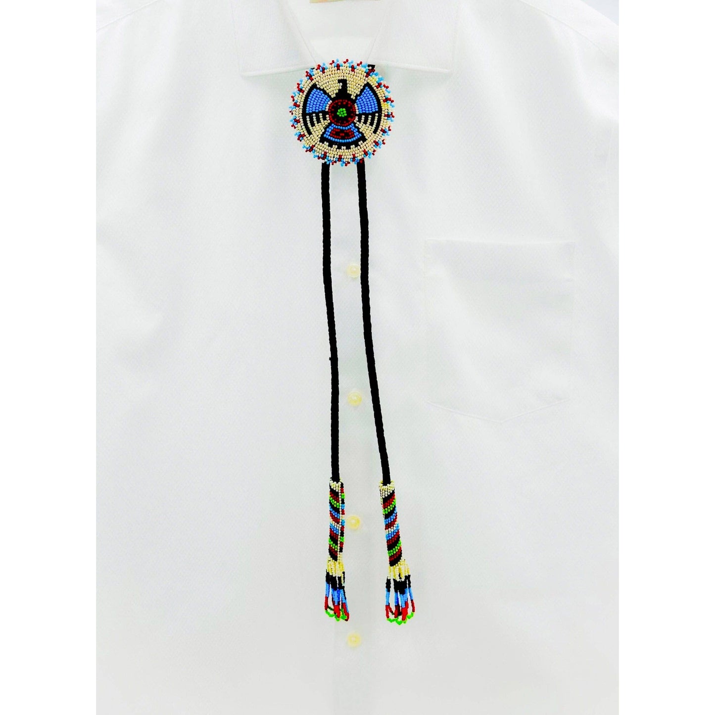 Handmade Cream Thunderbird Leather Bolo Tie with Beading, Adjustable Necklace Cord