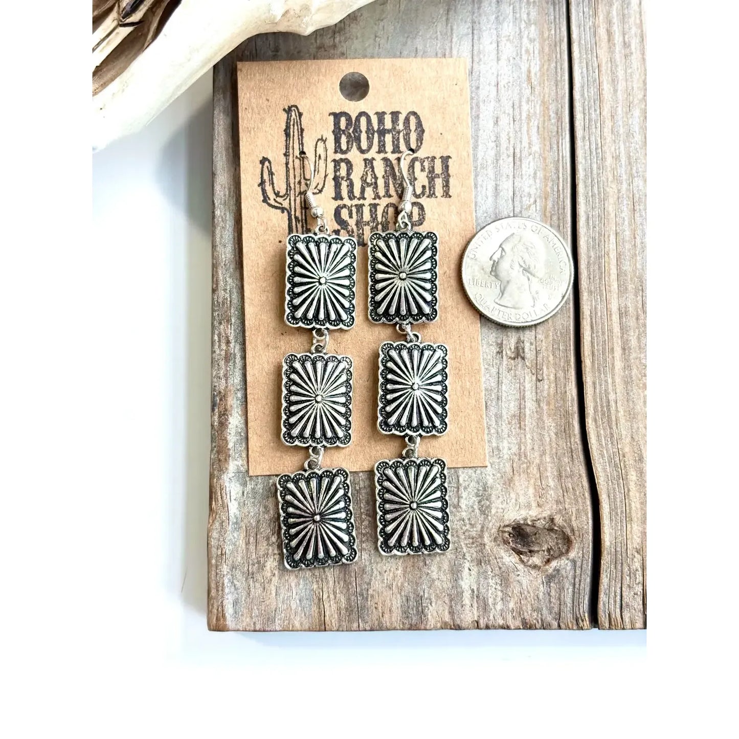 3 Tier Western Rectangle Concho Drop Dangle Earrings
