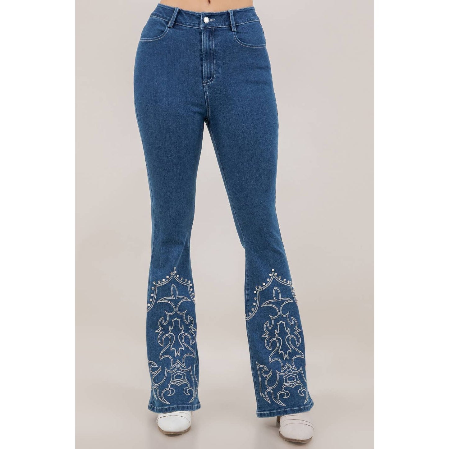 SIP6428A  DARK WASH EMBROIDERY AND STUD DETAIL DENIM PANTS