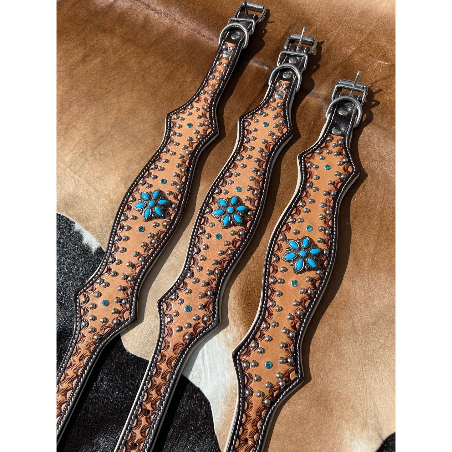Western Tooled Leather Turquoise Concho Scalloped Dog Collar
