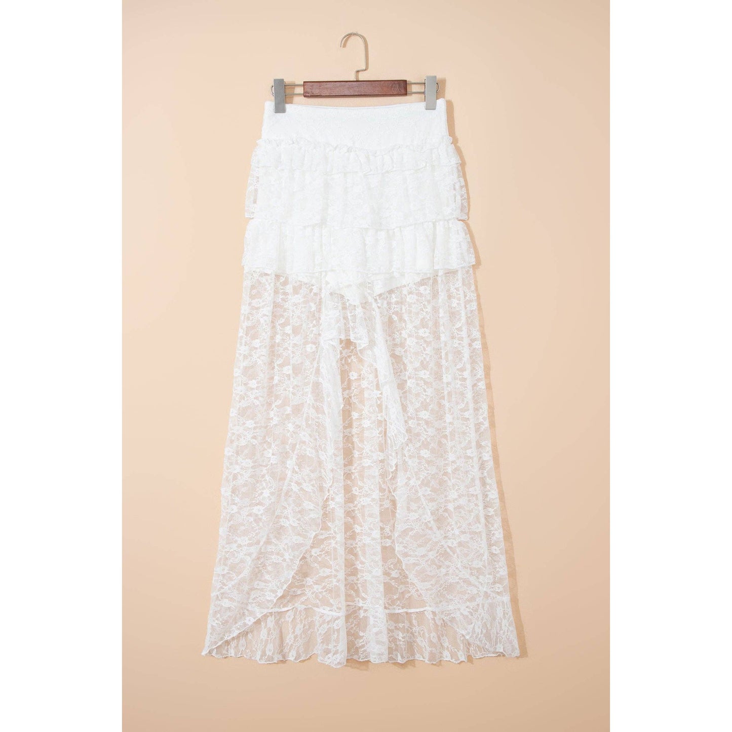 PRETTY BASH Sheer Lace Ruffle Tiered High-Low Skirt