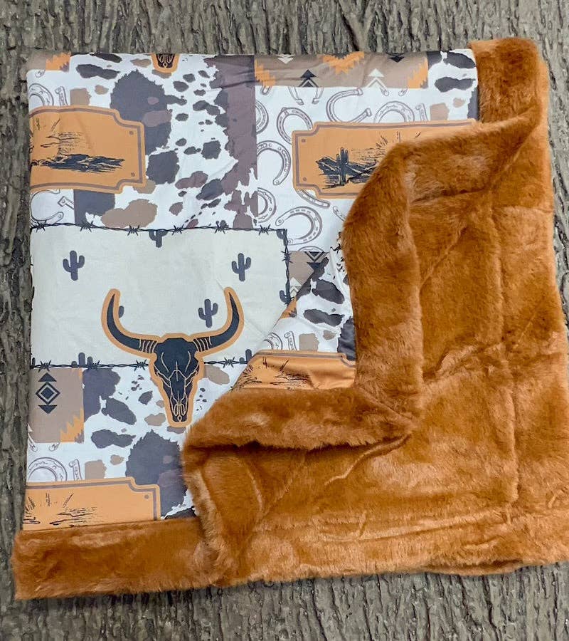 32 inch X 32 inch bull skull and cow printed baby blanket. BL0508