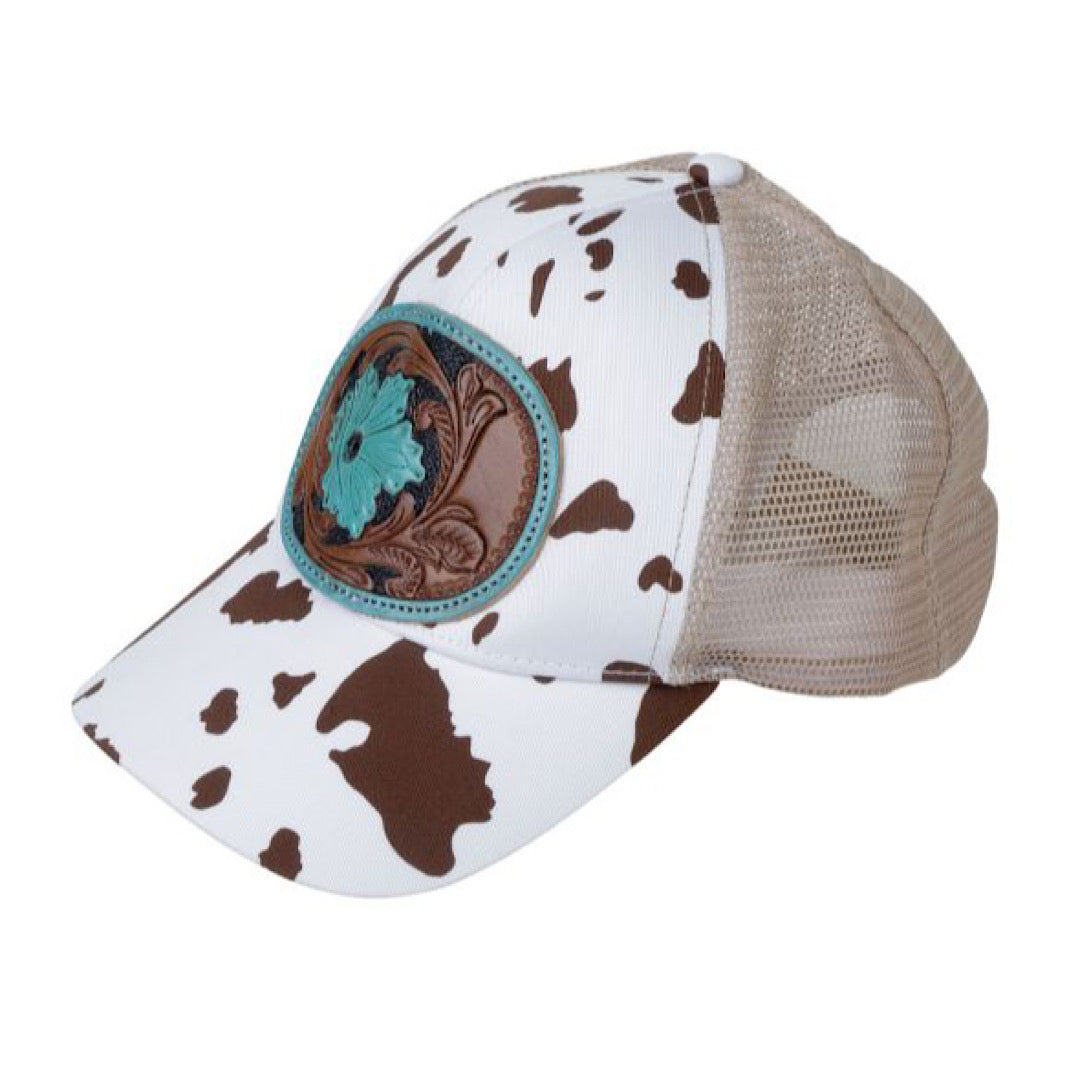 Myra Bag - Blue Petals Brown & White Cow Print  & Tan With Carved Leather Badge Floral Snap Back Ladies Ball Cap S-4851