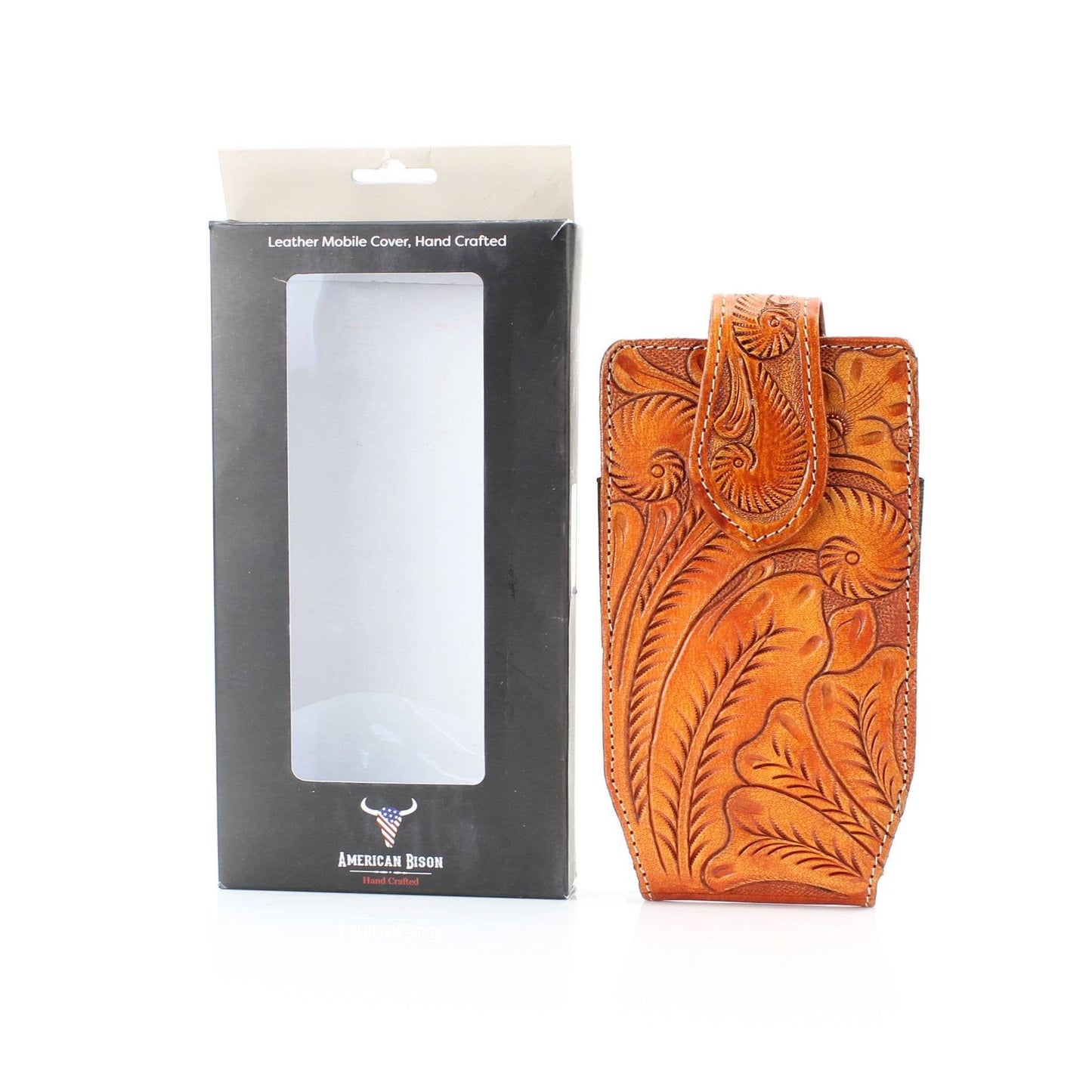American Bison Floral Tooled Leather Phone Case for Belt