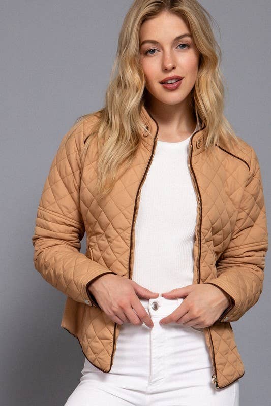 Suede Piping Detail Side Rib Quilted Padding Jacket