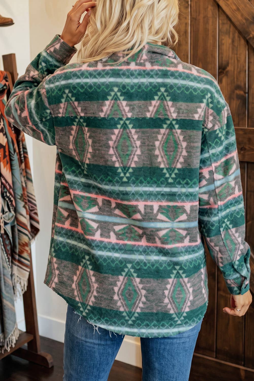 Geometric Print Button Front Long Sleeve Shacket