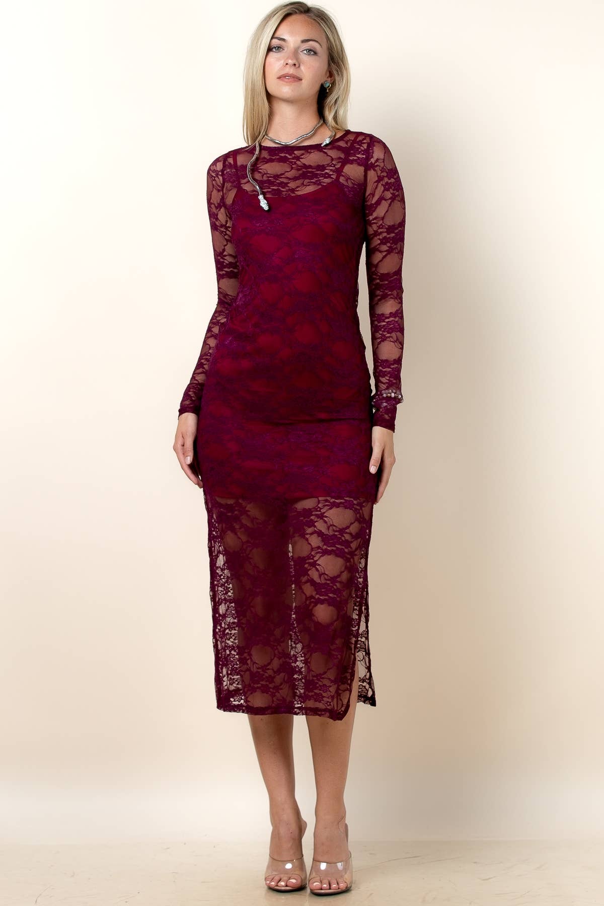 Ladies Dinner Dress, Mirage Floral Lace, Long Sleeves, D1700