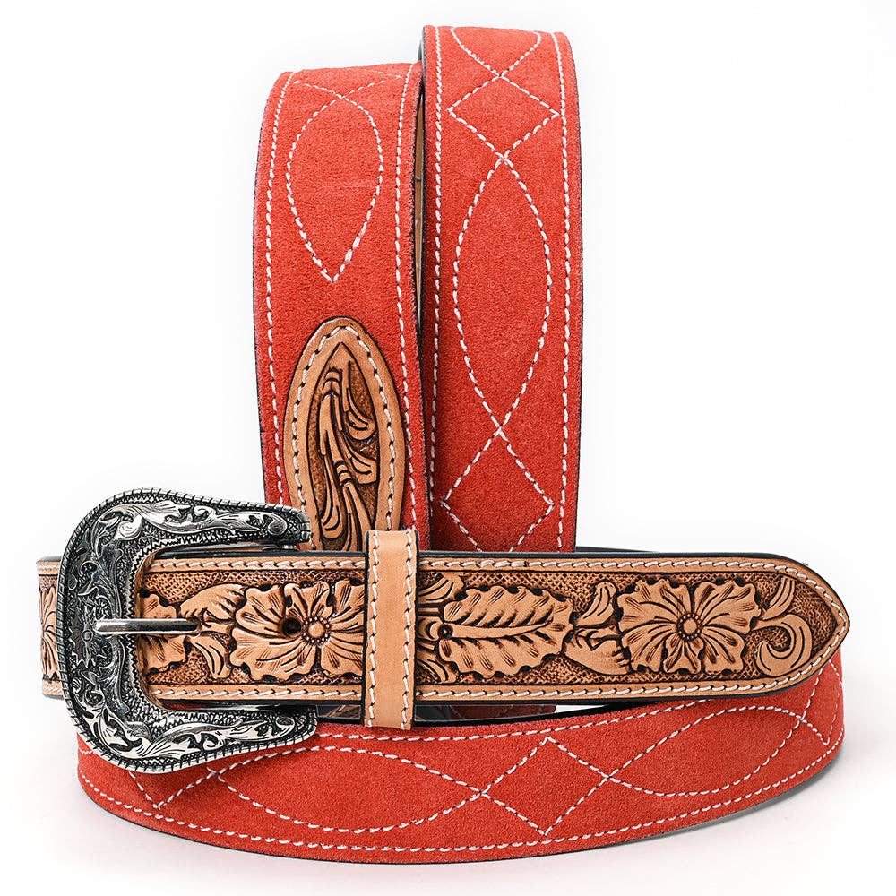 ADBLF330 Tooled Leather Western Belt - Red Genuine Suede Back with Antique Silver Buckle