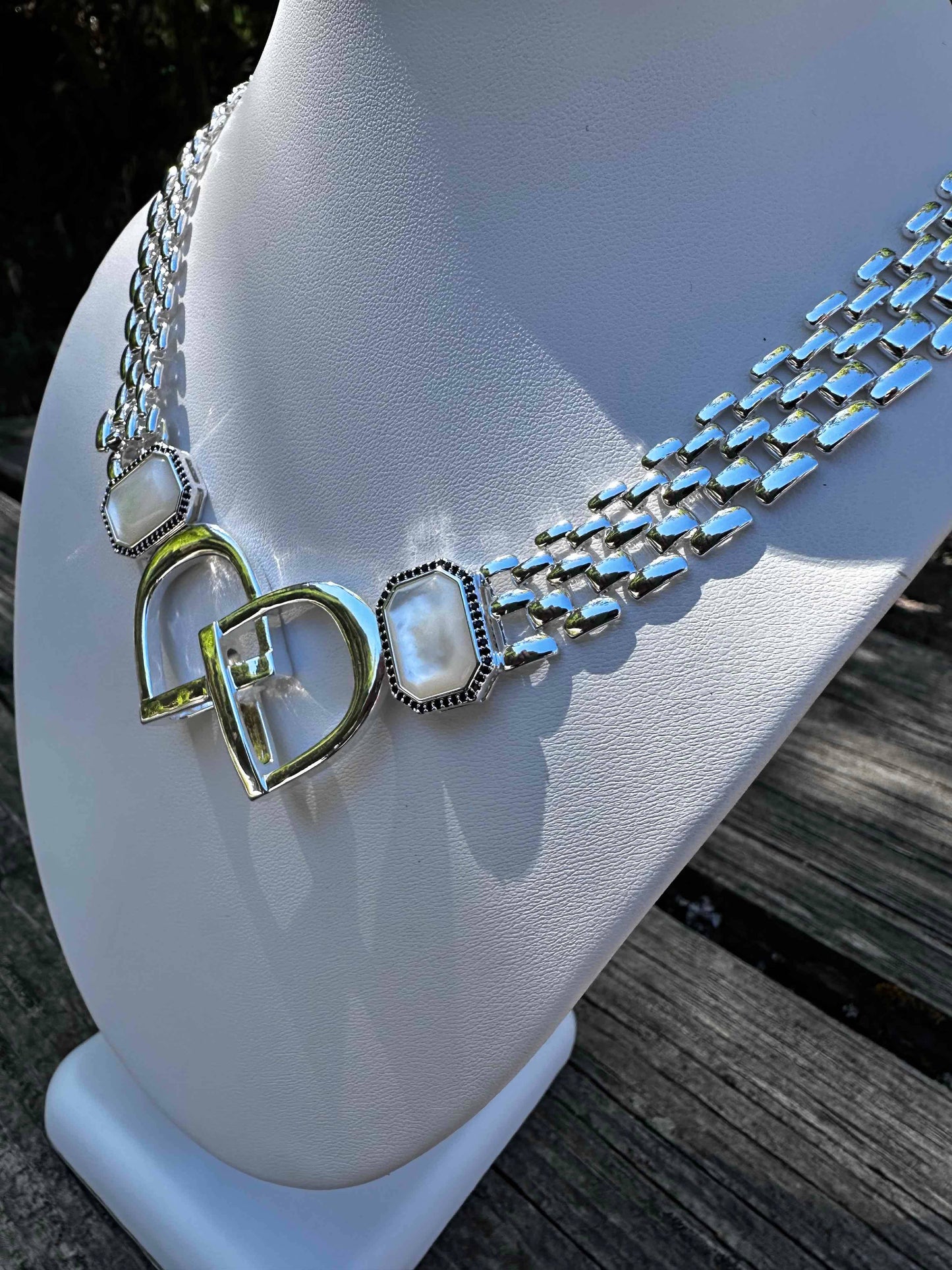 Bold English Saddle Stirrup Necklace Mother of Pearl
