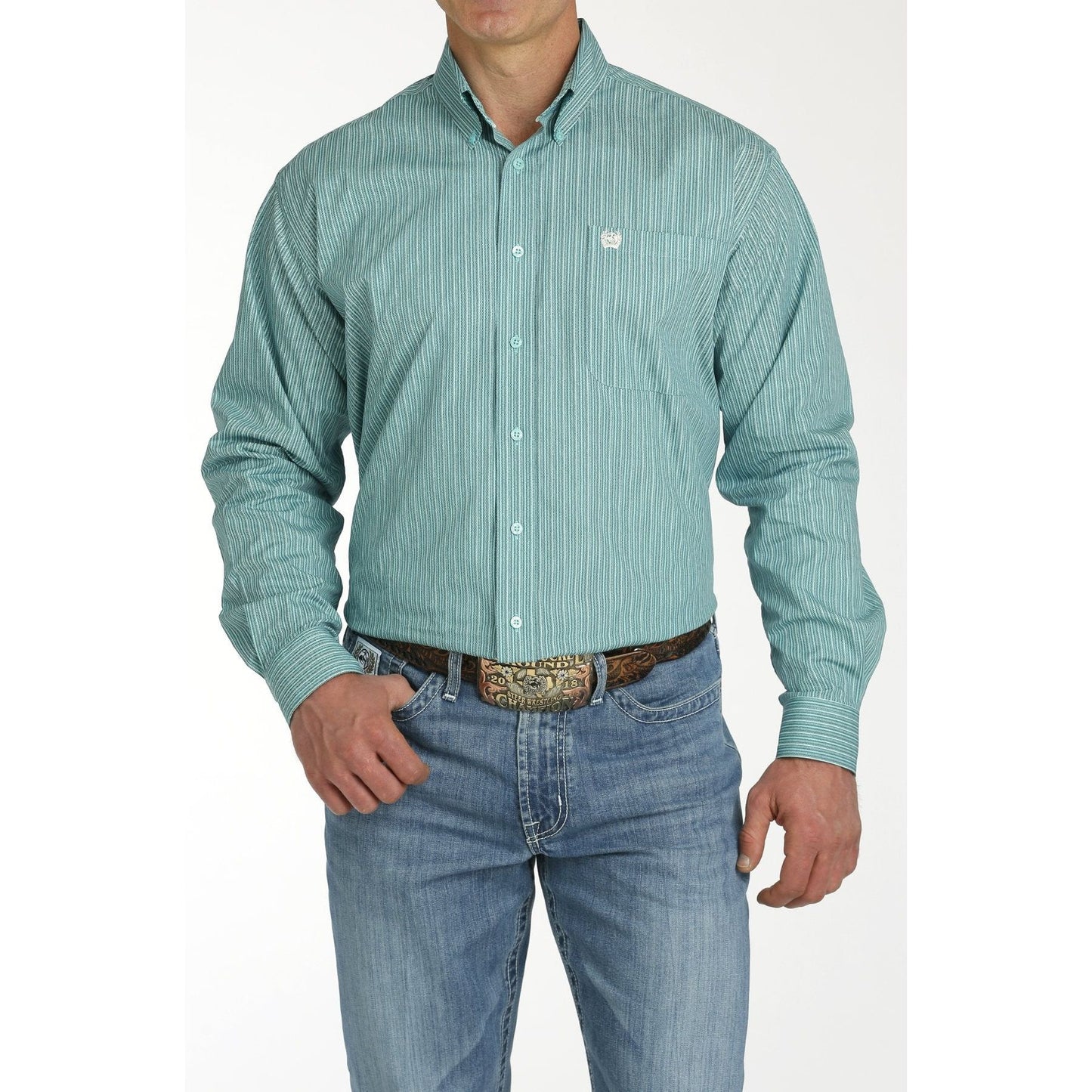 Men’s Cinch Blue Stripe Print Button Up Long Sleeve Shirt