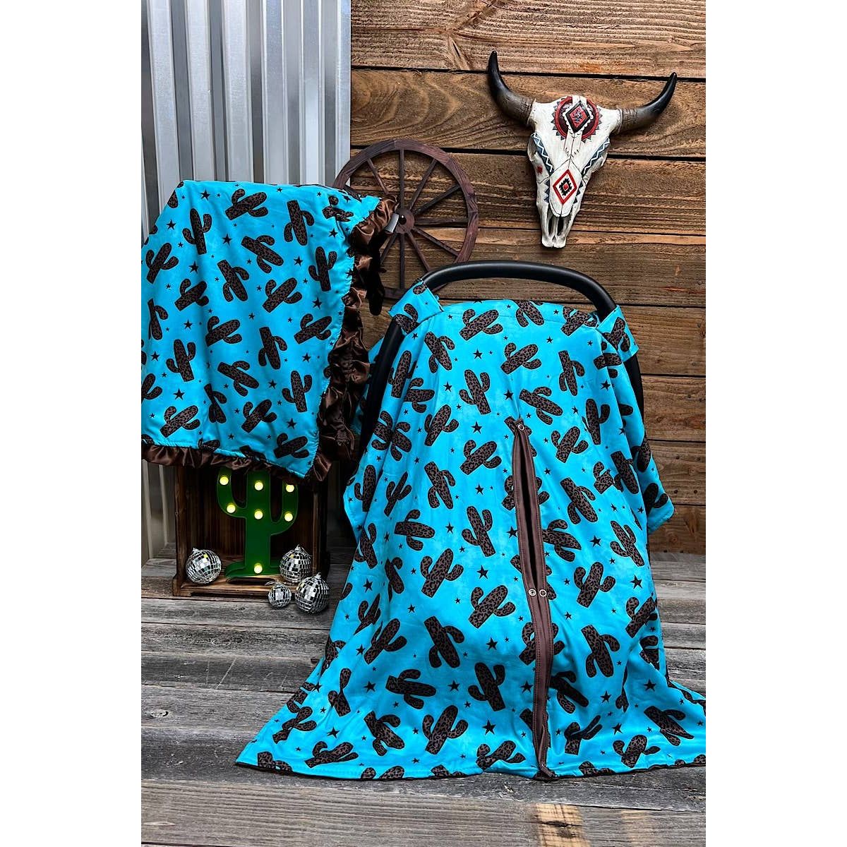 CACTUS PRINTED ON TURQUOISE CAR SEAT COVER & BROWN MINKY