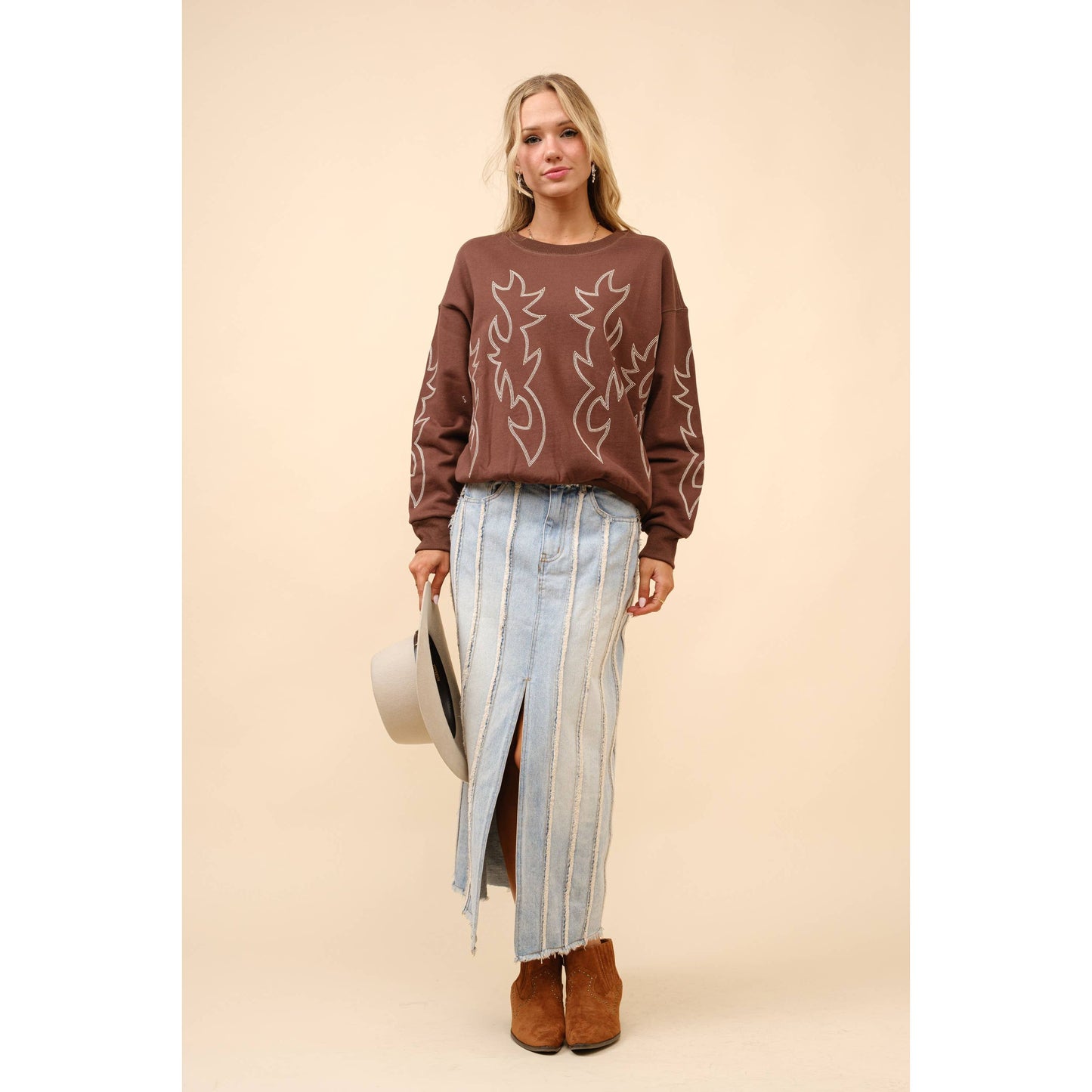 Western Boots Stitch Pullover Sweatshirt