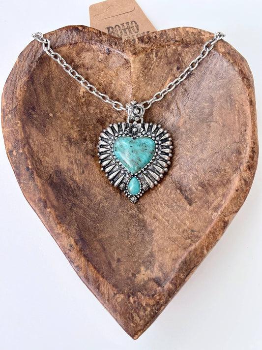 Western Style Heart Turquoise Stone Pendant Necklace