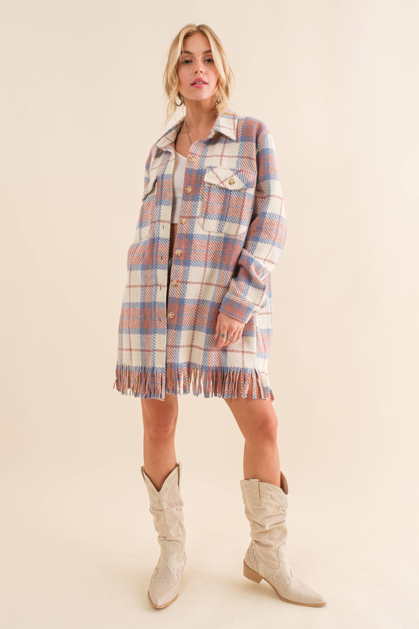 34197J - Yarn Dyed Fringe Bottom Button Up Long Shirt Jacket