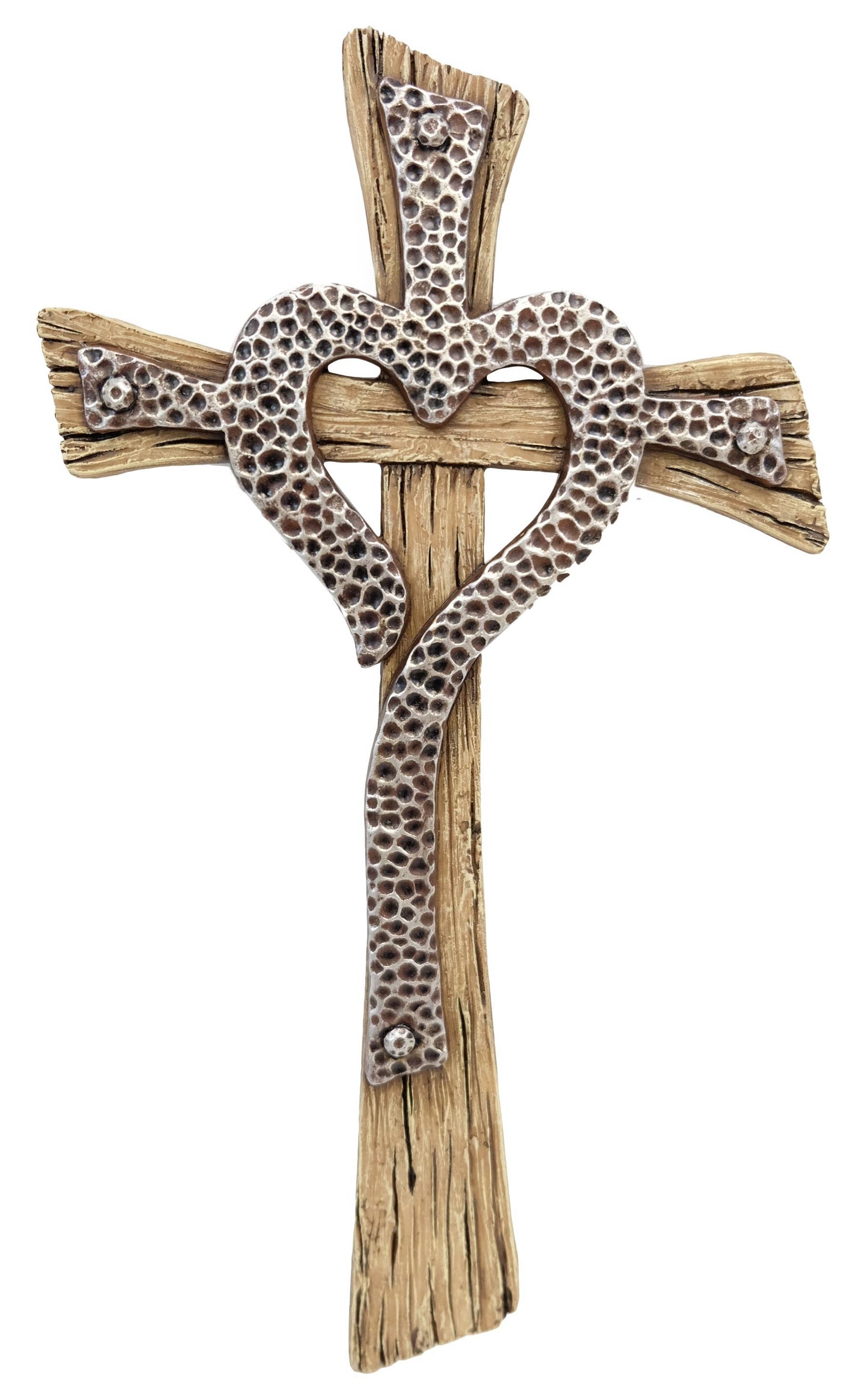 Polyresin Hammered Layered Wood Heart Hanging Wall Cross