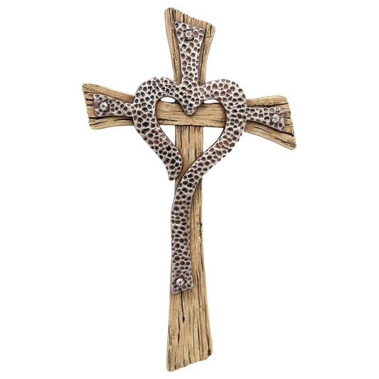 Polyresin Hammered Layered Wood Heart Hanging Wall Cross