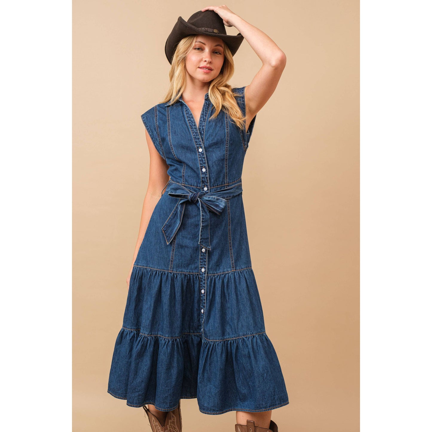 80189D - Belted Button Up Tiered Denim Midi Dress