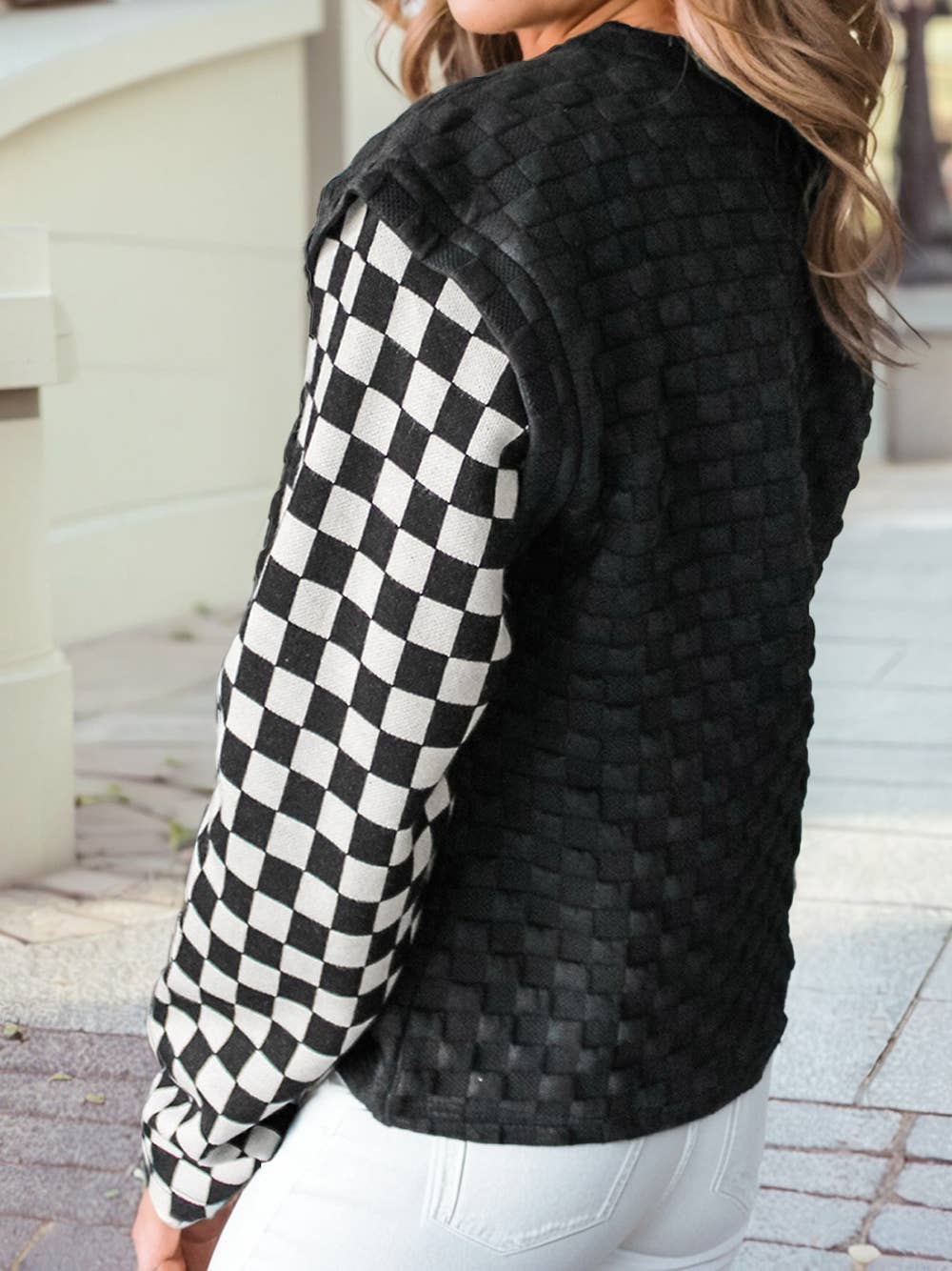 Plaid Textured Contrast Checkered Patchwork Long Sleeve Top