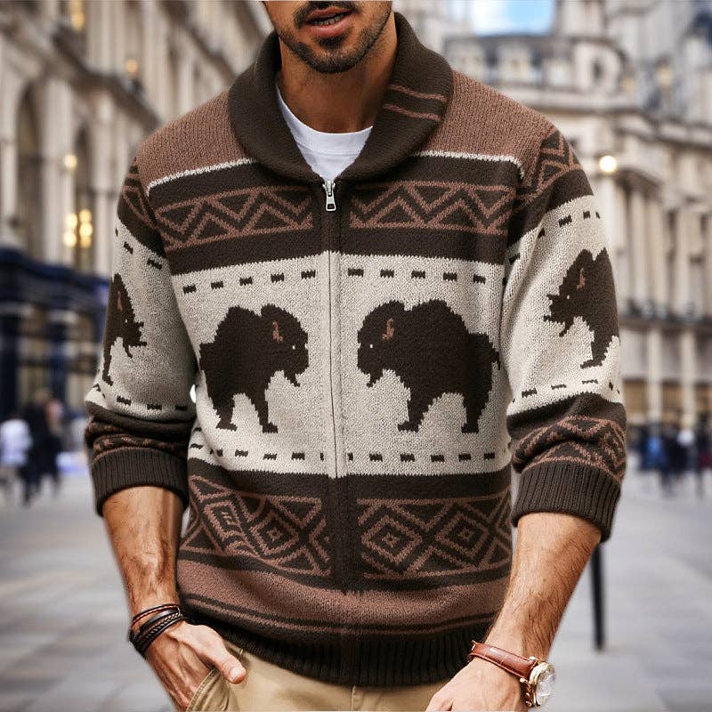 Men’s Retro Patterned Knit Cardigan Thick Outdoor Sweater