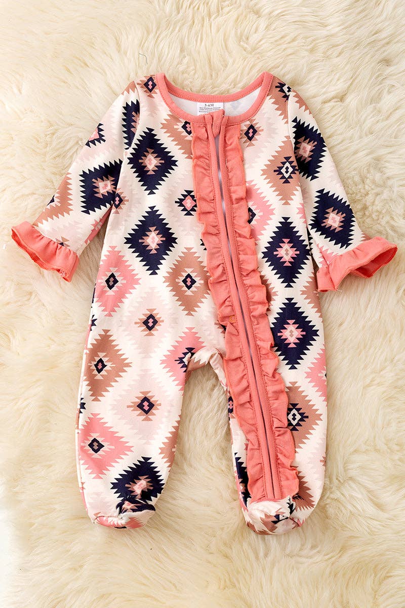 Pink aztec printed baby bodysuit w ruffle trim. RPG53246 SOL