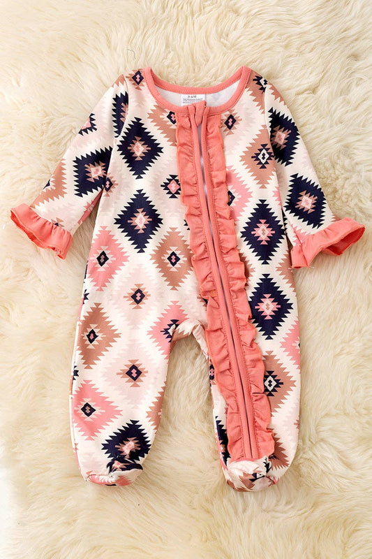 Pink aztec printed baby bodysuit w ruffle trim. RPG53246 SOL