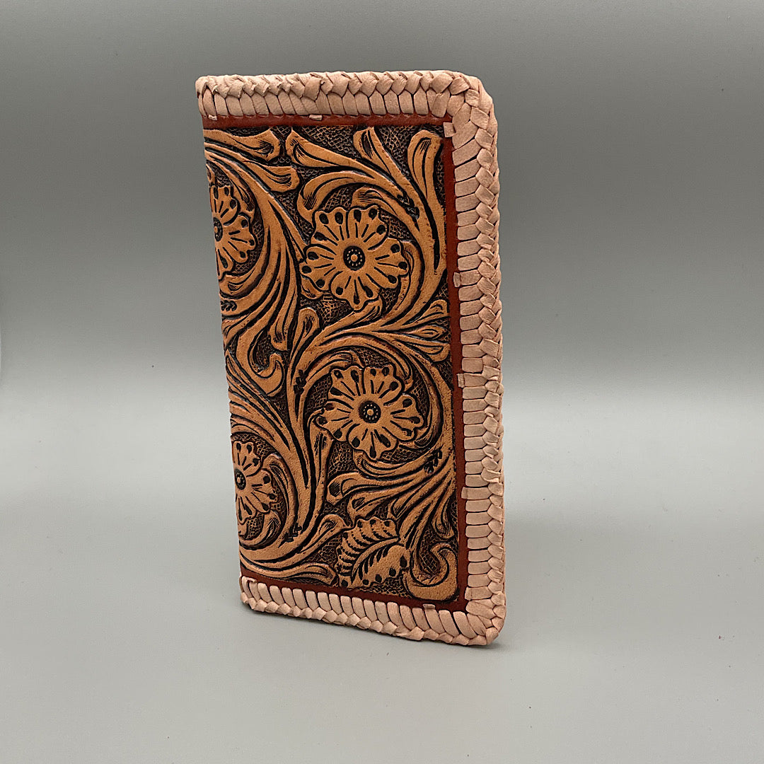 Ranger Belt Co - Tan Carved Leather With Whipstitch Boarder Men’s Checkbook Cover/Rodeo Wallet H-64