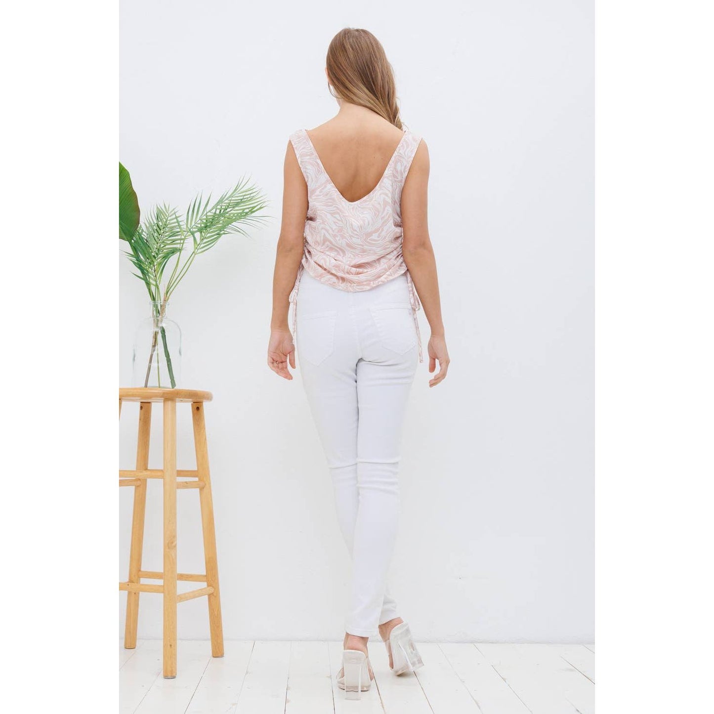 31666T - Koshibo Marble Print Cowl Neck Cinched Side Blouse