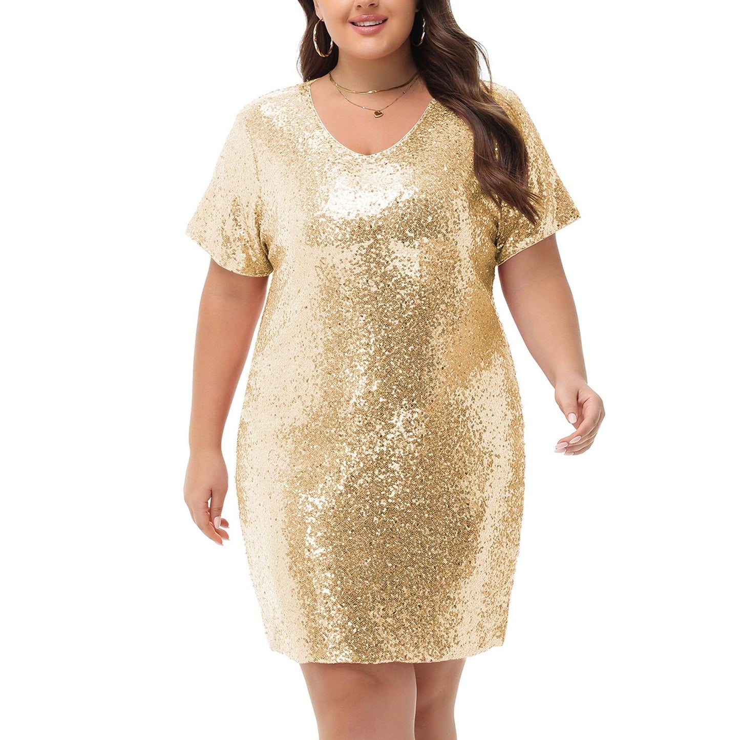Plus Size Short Sleeve V Neck Sequin Dresses