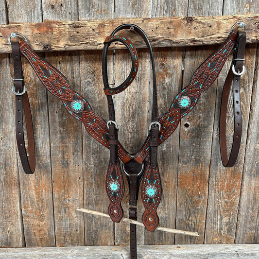 Rodeo Drive - Dark Oil Hand Painted Antique Silver Turquoise Browband/One Ear and  Breastcollar Tack Set #BBBC555