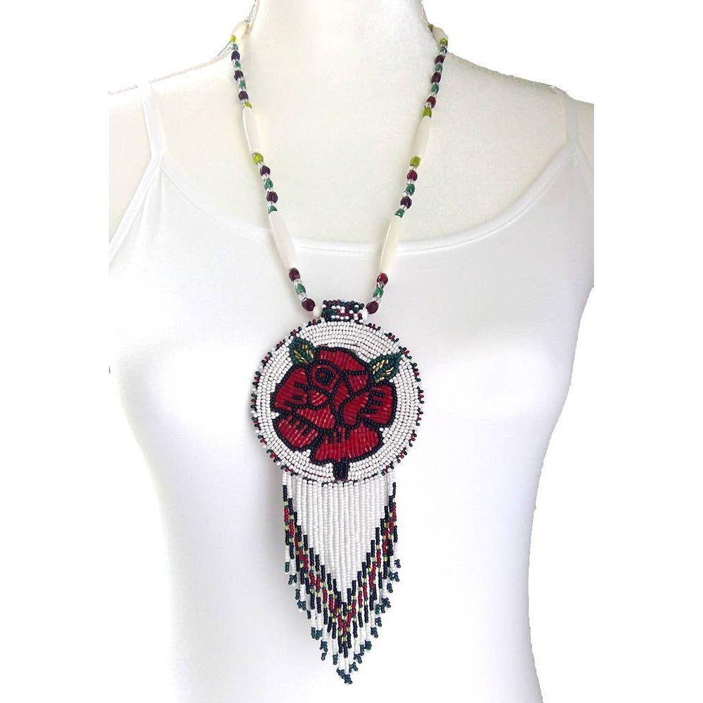 Red Rose Beadwork Long Medallion Handmade Beaded Necklace Earrings Set