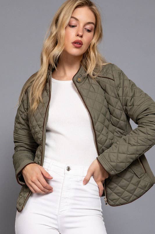 Suede Piping Detail Side Rib Quilted Padding Jacket