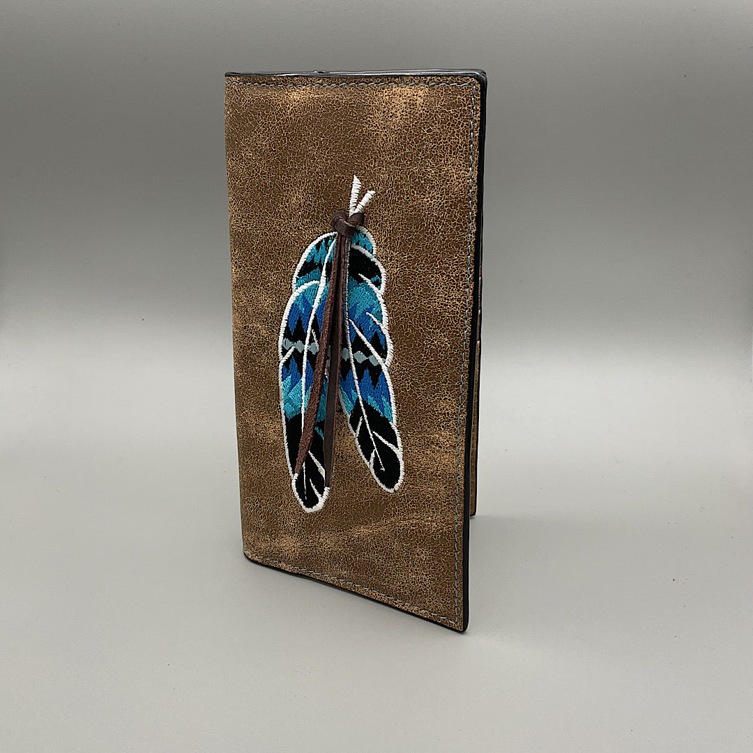 Ranger Belt Co - Brown Leather Embroidered Feather Men’s Checkbook Cover/Rodeo Wallet LH-462