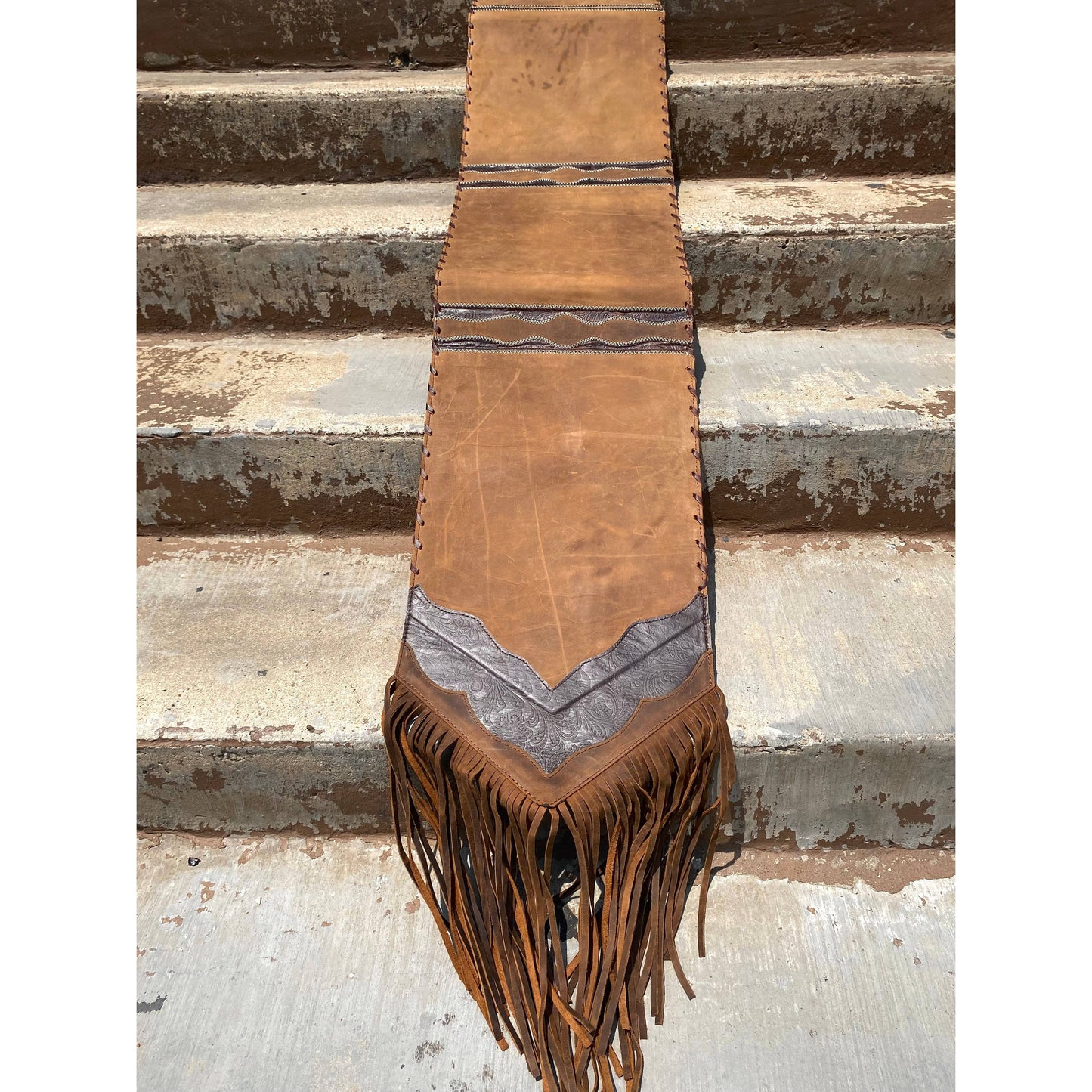 6ft Rustic Vintage Tooled Fringe Table Runner