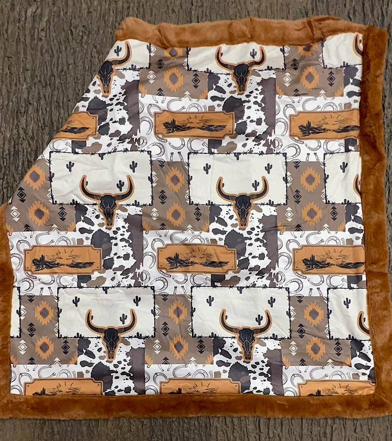 32 inch X 32 inch bull skull and cow printed baby blanket. BL0508