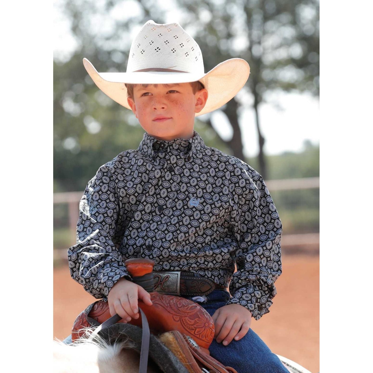 BOY'S MATCH DAD MEDALLION PRINT BUTTON-DOWN WESTERN SHIRT - BLUE/BLACK