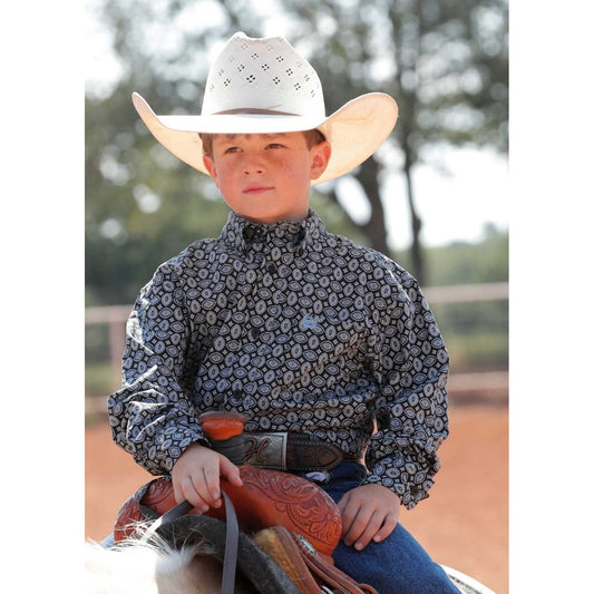 BOY'S MATCH DAD MEDALLION PRINT BUTTON-DOWN WESTERN SHIRT - BLUE/BLACK