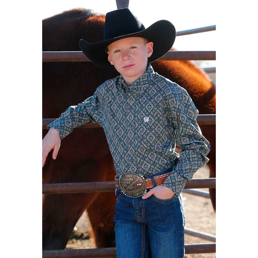 CINCH Boy's Grey L/S Print Button-Down Western Shirt