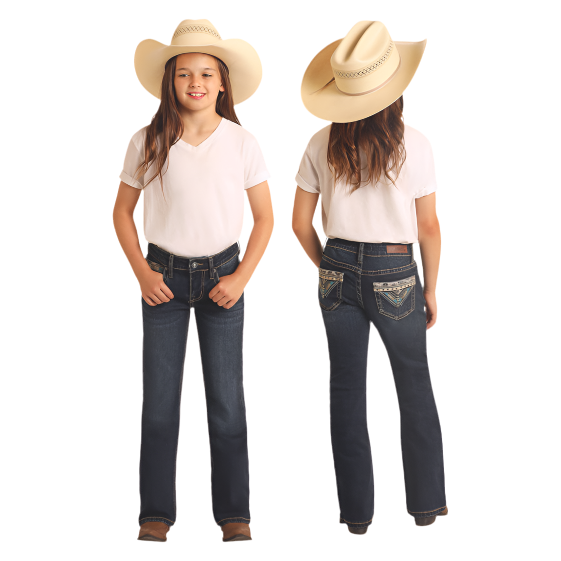 Rock & Roll Girls' Jean - Embroidered Pockets, Dark awash Bootcut  BG4MD06087