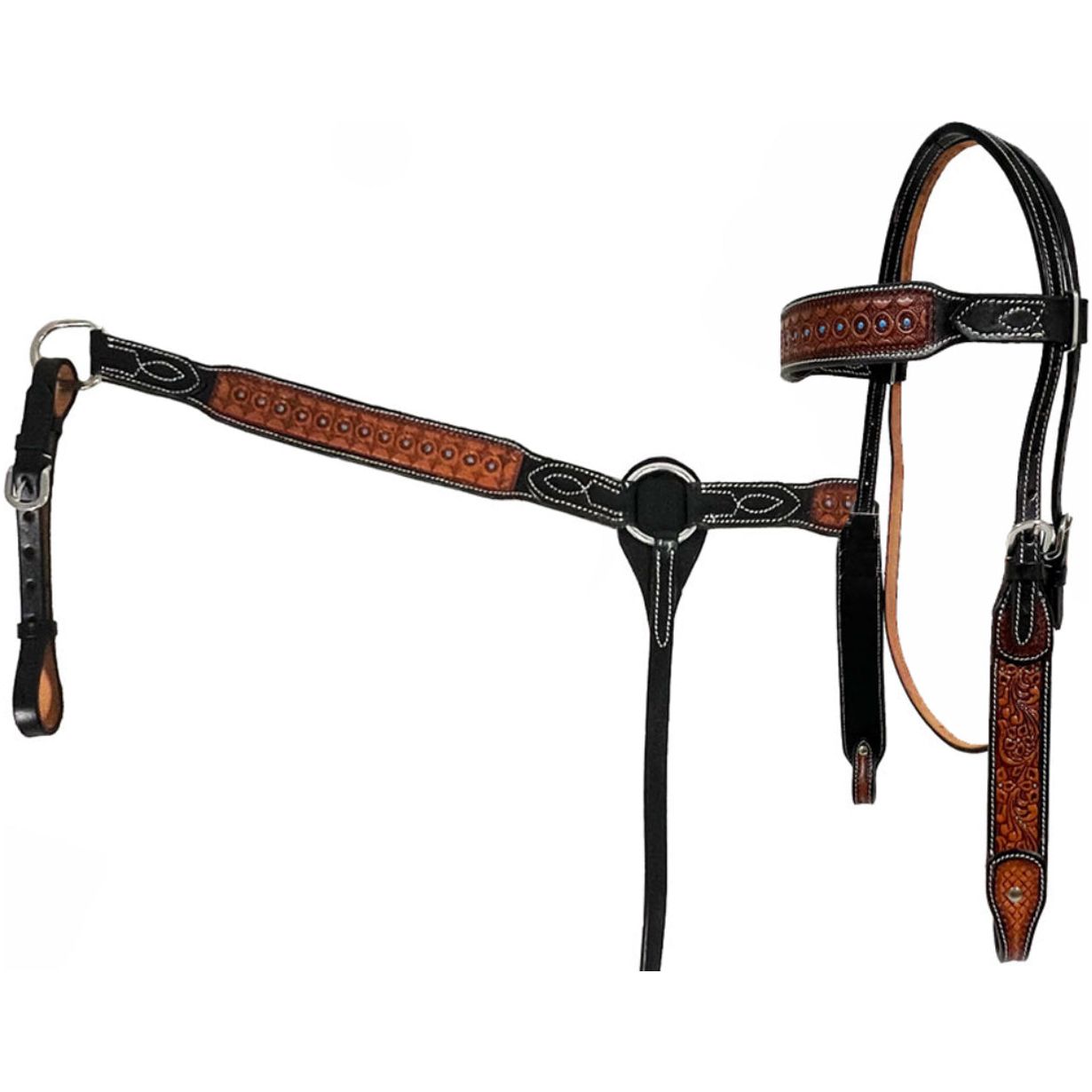 Rugged Ride Deluxe Leather Browband Headstall and Breast Collar Set - Blue Dot Tooled